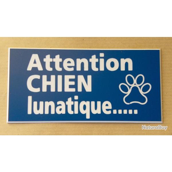 Plaque adh�sive "Attention CHIEN lunatique" format 48 x 100 mm fond BLEU