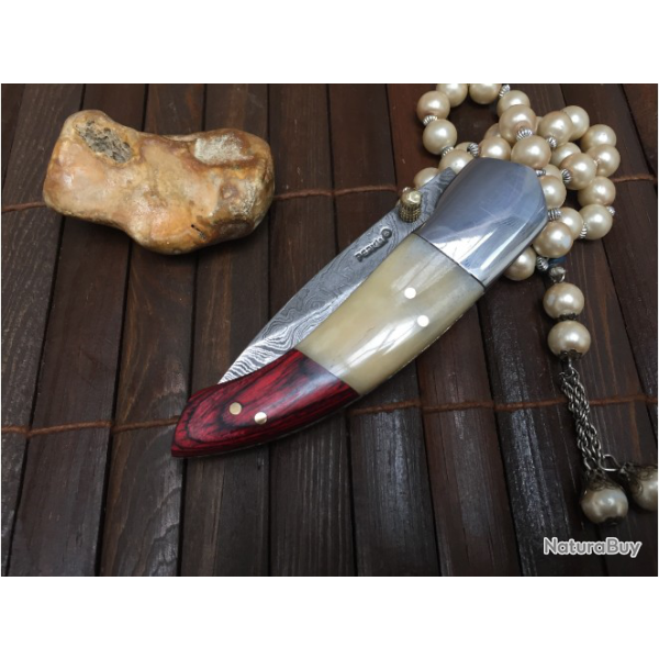 Tr�s beau Couteau Damas de chasse pliant avec gaine (Micarta rouge et os)