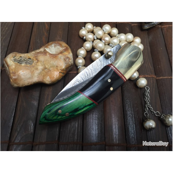 Tr�s beau Couteau Damas de chasse pliant avec gaine (Micarta et corne de buffle)