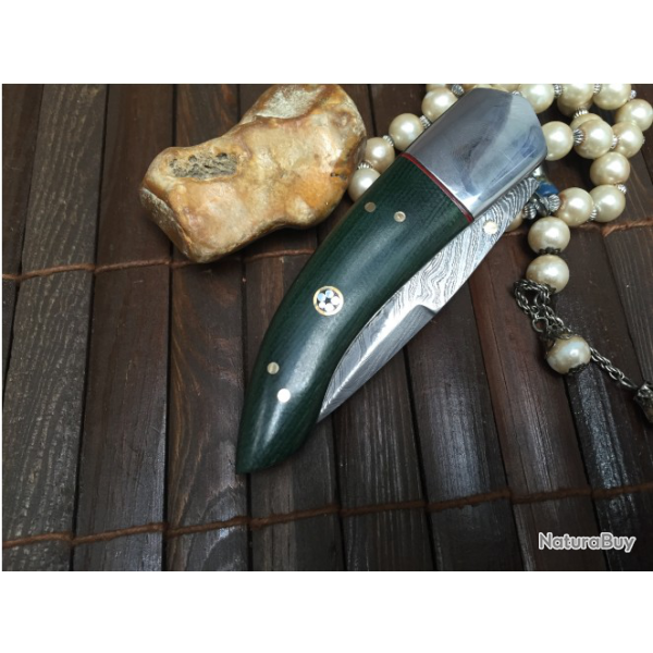 Tr�s beau Couteau Damas de chasse pliant avec gaine (Micarta vert)