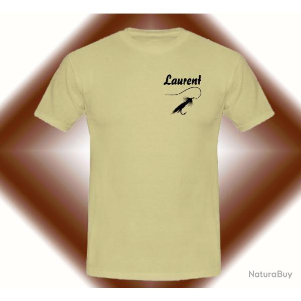 Tee-shirt Blanc, Beige ou Noir avec P�che � la mouche + pr�nom