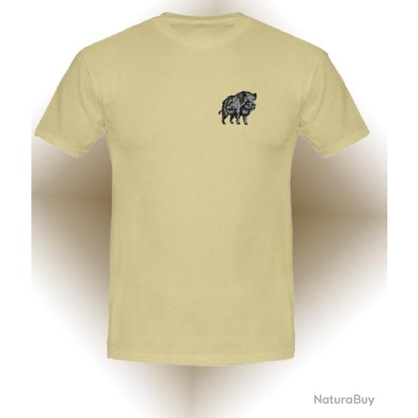 Tee shirt beige, blanc ou noir avec broderie  Sanglier
