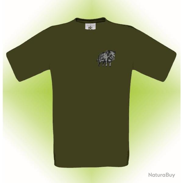 Tee shirt kaki, marron et vert avec broderie  Sanglier