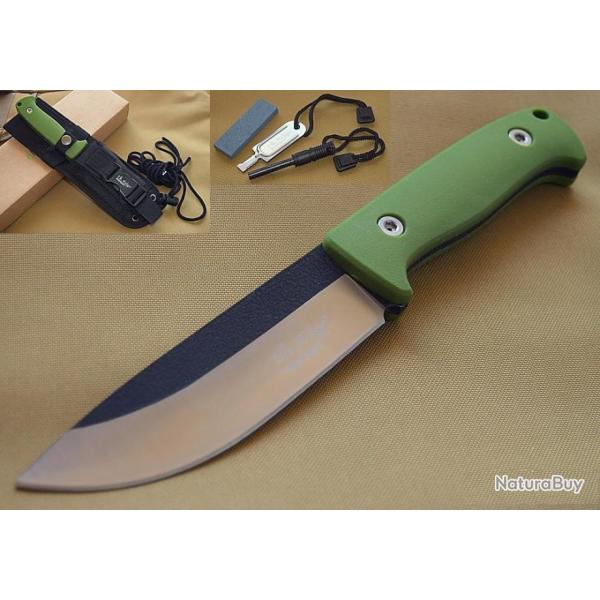Couteau Elk Ridge Bushcraft Survie Acier 440 Manche FRN Green Etui Affuteur Fire Starter ER555GN