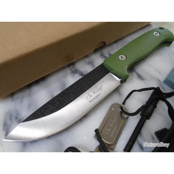 Couteau Elk Ridge Bushcraft Survie Acier 440 Manche FRN Green Etui Affuteur Fire Starter ER555GN