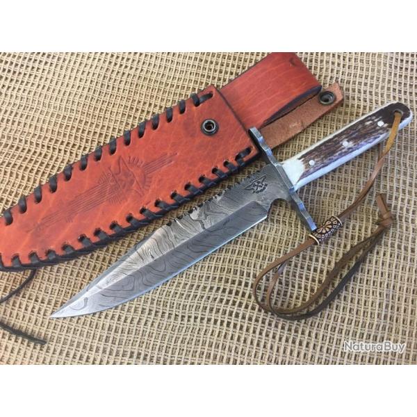 Couteau Bowie Damas Lame 256 Couches Manche Os Cerf� Etui Cuir Old Forge OF041