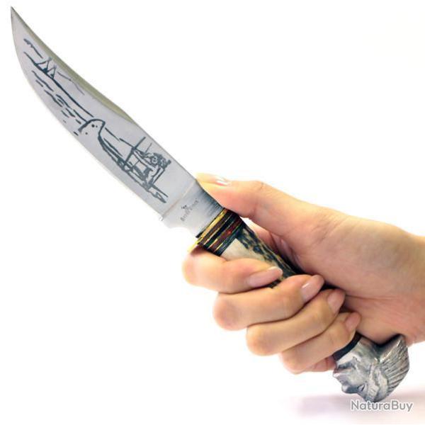 Couteau Tte d'Indien Lame Acier Inox Manche Os Etui Cuir Rough Rider RR1631