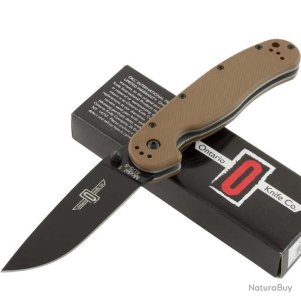 Couteau Ontario RAT-1 Acier AUS-8 Black Manche Fibre de Nylon Coyote brown Linerlock ON8846CB