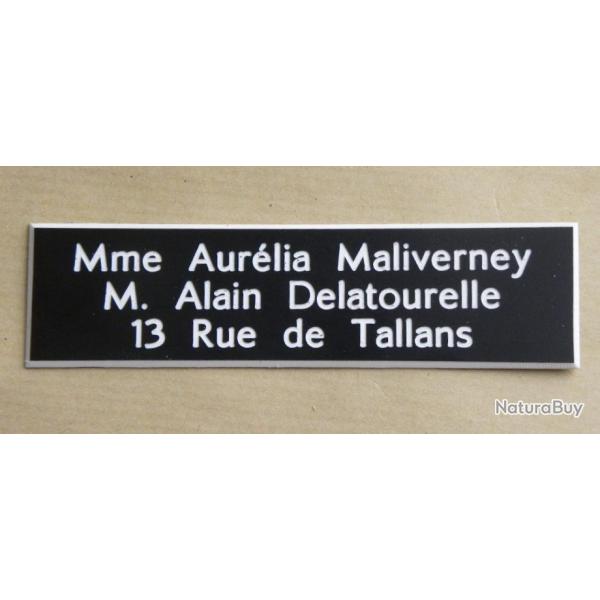 Plaque de boite aux lettre 3 lignes  format 25 x 100 mm personnalisable fond NOIR