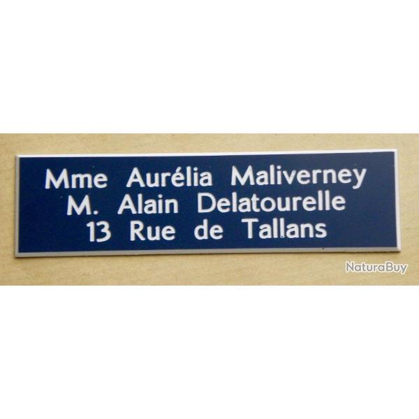 Plaque de boite aux lettre 3 lignes  format 25 x 100 mm personnalisable fond BLEU MARINE