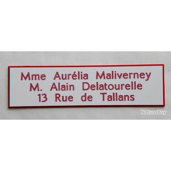 Plaque de boite aux lettre 3 lignes  format 25 x 100 mm personnalisable fond BLANC TEXTE ROUGE