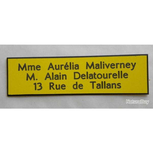 Plaque de boite aux lettre 3 lignes  format 25 x 100 mm personnalisable fond JAUNE