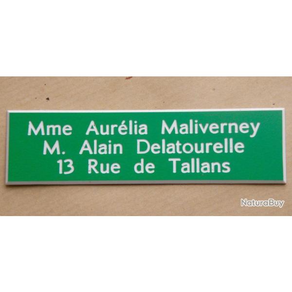 Plaque de boite aux lettre 3 lignes  format 25 x 100 mm personnalisable fond VERT