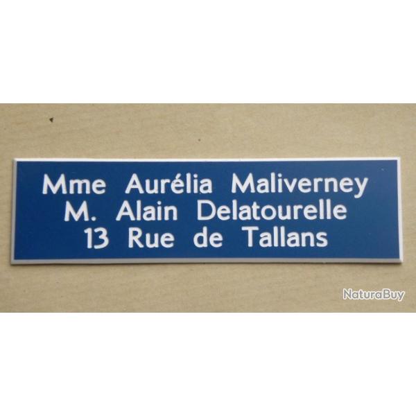 Plaque de boite aux lettre 3 lignes  format 25 x 100 mm personnalisable fond BLEU