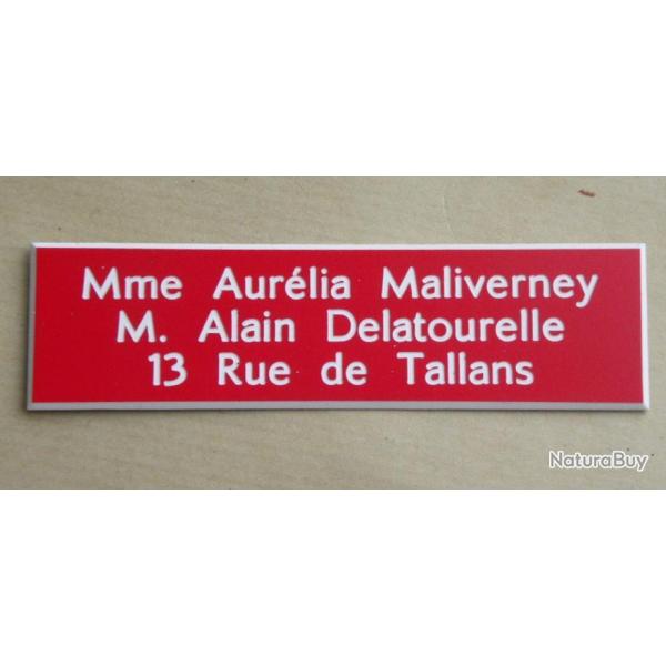 Plaque de boite aux lettre 3 lignes  format 25 x 100 mm personnalisable fond ROUGE