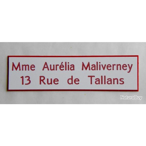 Plaque de boite aux lettre 2 lignes  format 25 x 100 mm personnalisable fond BLANC TEXTE ROUGE