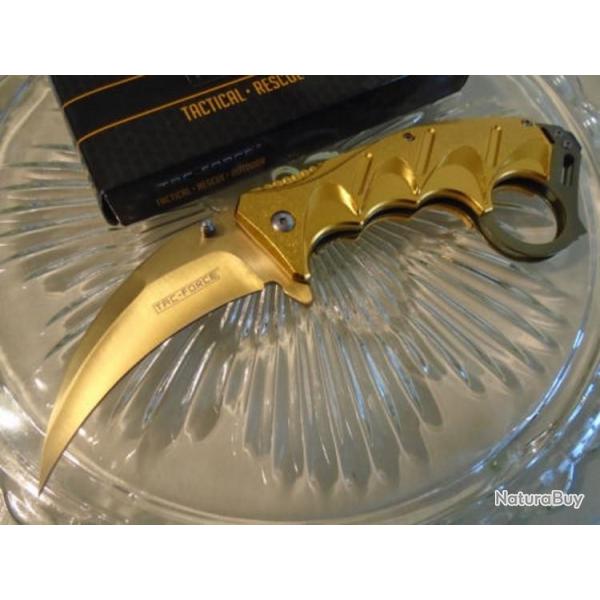 Couteau Tac Force Karambit A/O Gold Lame Acier 3Cr13 Manche Aluminium TF957GD