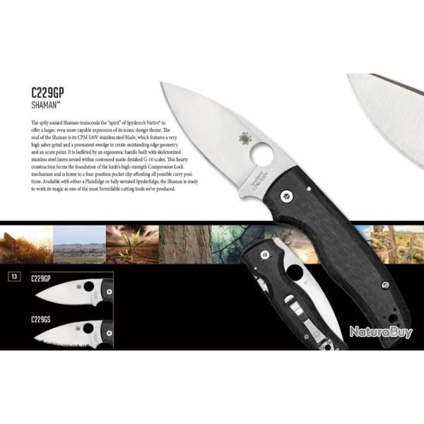 Couteau Spyderco Shaman Plain Lame Acier CPM-S30V Manche G-10 Made USA SC229GP