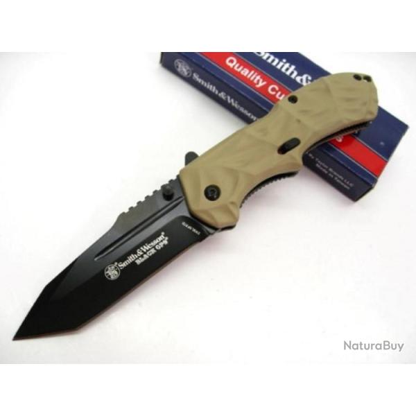 Couteau Automatique Smith&Wesson Tanto Black Ops Acier 4034 Manche Alu Desert Tan SWBLOP3TD