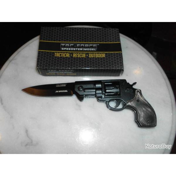 Couteau Revolver 38 Special Style Assist Tac-Force Acier 440 Poign�es Black & Wood TF760BGY