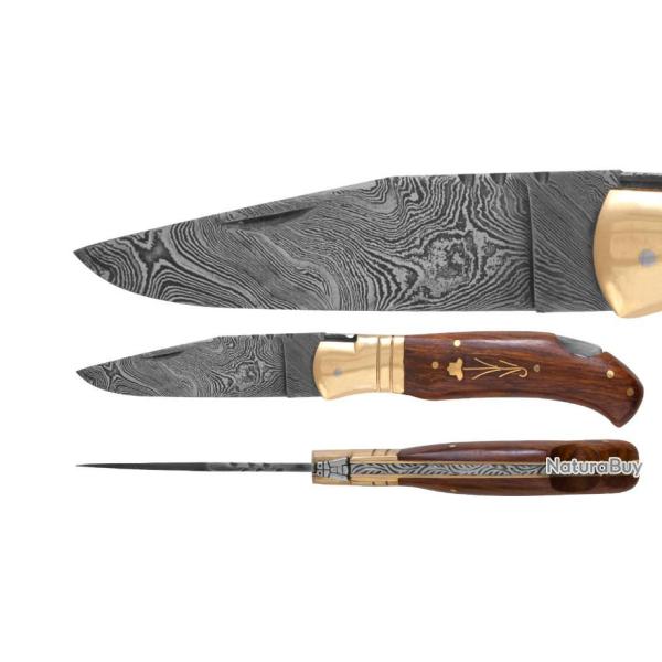 MAGNIFIQUE COUTEAU COLLECTION LAGUIOLE BOUGNA MANCHE BOIS PALISSANDRE LAME DAMAS *TOP IDEE CADEAU*