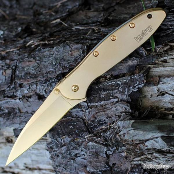 Couteau Kershaw LEEK 24K Gold Plated A/O Lame Acier 14C28N Manche Acier Made USA KS1660G