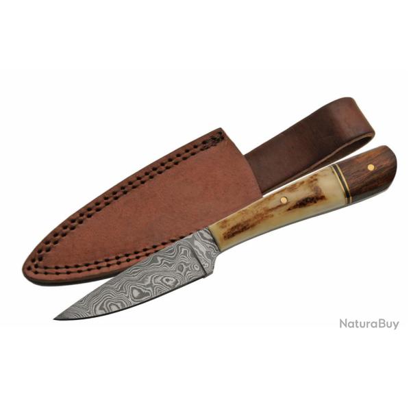 Couteau Damas Skinner Lame 256 Couches Manche Bois & Bois de Cerf Etui Cuir DM1176