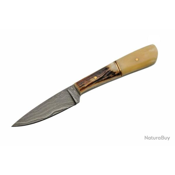 Couteau Damas Skinner Lame 256 Couches Manche Bois de Cerf & Os Etui Cuir DM1174