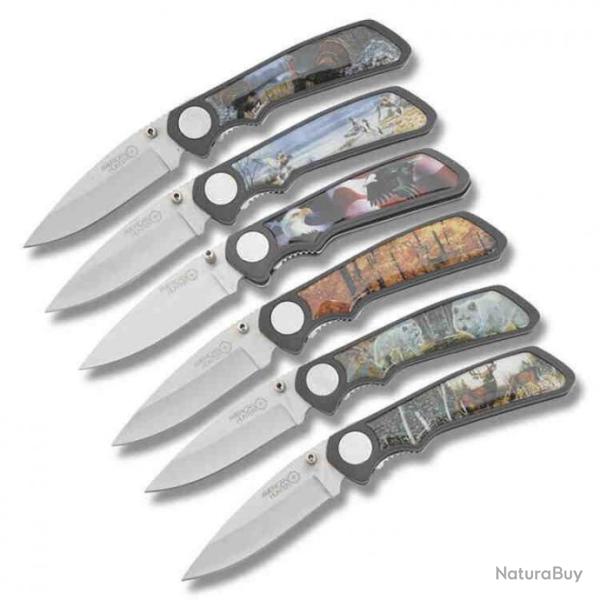 Lot de 6 Couteaux Outdoor Life Ours Aigle Loup Cerf Cran d'arr�t AH500
