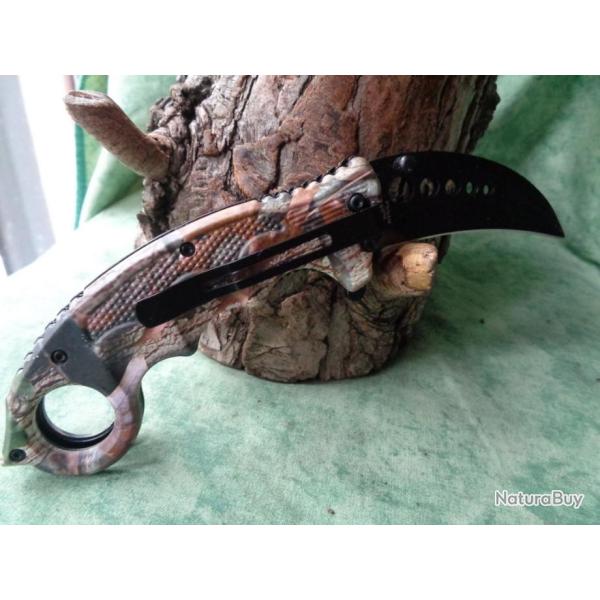 Couteau Griffe d'Ours Karambit Tactical A/O Acier Inox Manche FRN Clip de Poche Krav Maga CN300409