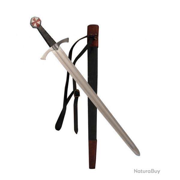 Epe Templire de Frappe forge avec fourreau cuir et pommeau Octogonale trfl rouge