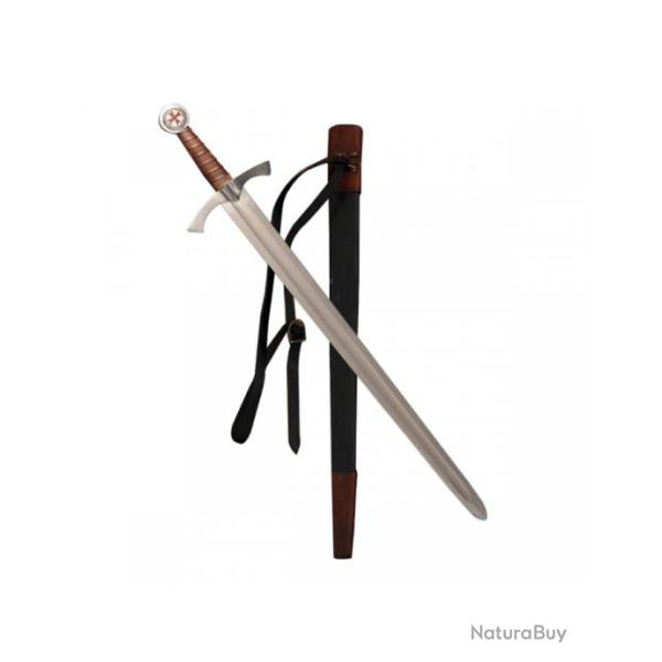 Epe Templire de Frappe forge avec fourreau cuir et pommeau Cercl et trfl rouge