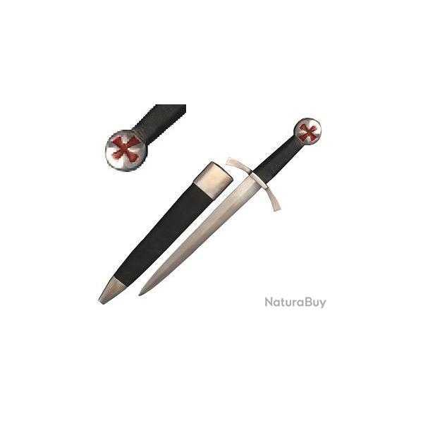 Dague Templire de Combat forge avec fourreau cuir Motif croix templier rouge