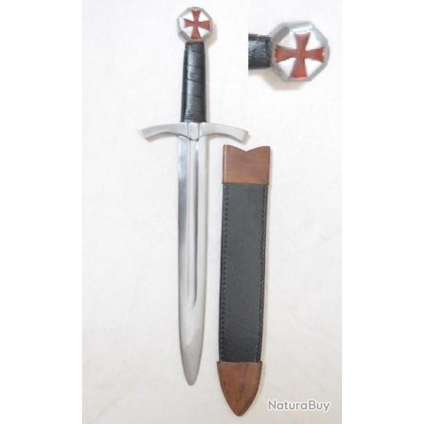 Dague Templi�re de Combat forg�e avec fourreau cuir Motif Octogonale et croix templier rouge