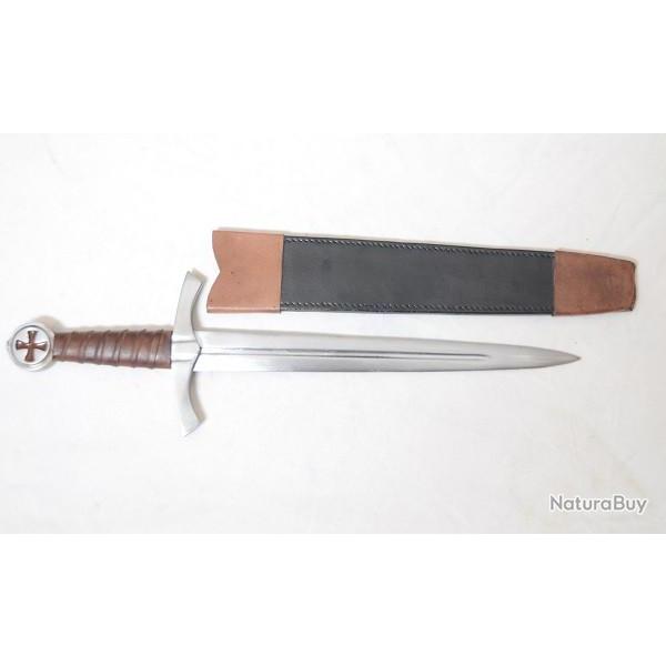 Dague Templi�re de Combat forg�e avec fourreau cuir/ Rond avec croix rouge dans le cercle