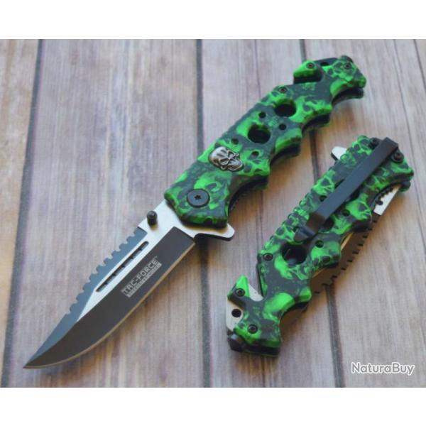 Couteau Tac Force Skull Rescue Linerlock A/O Lame Acier 440 Manche Alu Cutter/Brise Vitres TF809GN