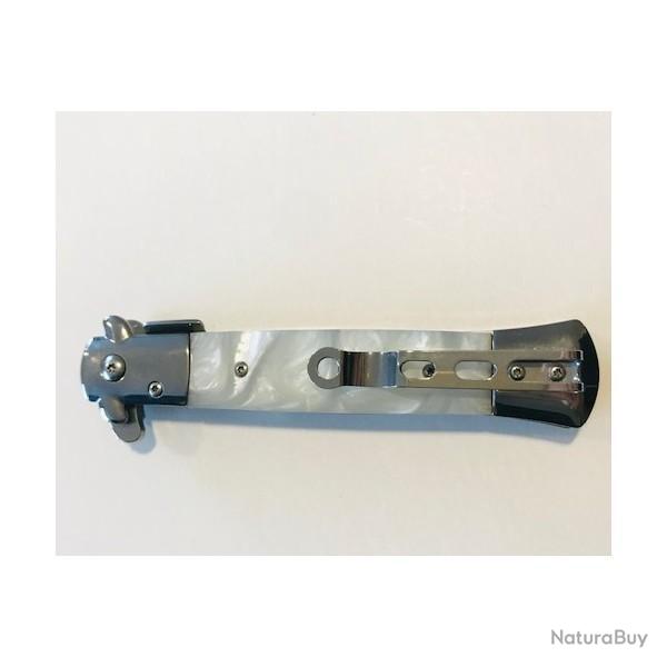 Couteau Steel Stiletto Mafia Lame Acier Carbone Inox Manche Abs blanc