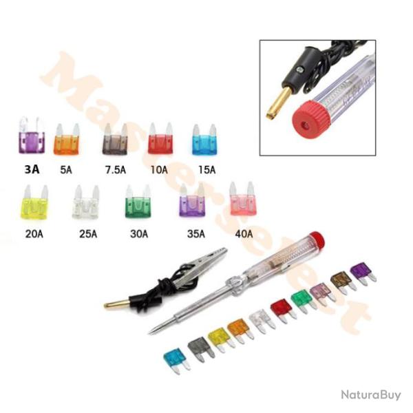 Tournevis testeur de continuit electrique pour VOITURE MOTO CAMION + 10 Fusibles Mini