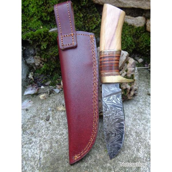 Couteau Damas Hunter Wood/Leather Handle Lame Acier 256 Couches Etui Cuir DM1100