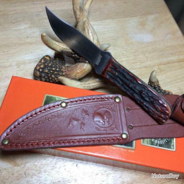 Couteau De Chasse Marbles Stag Bone Lame Acier 440 Manche Os Etui Cuir MR403