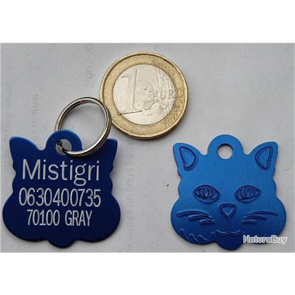 MEDAILLE Grav�e chat bleue  grand mod�le gravure, personnalisation offerte