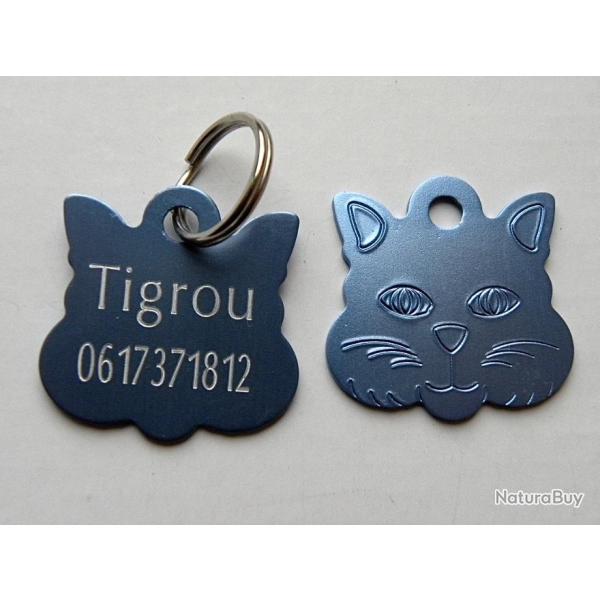 MEDAILLE Grav�e chat bleu argent�e grand mod�le gravure, personnalisation offerte