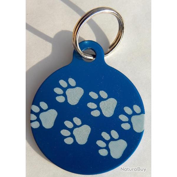 MEDAILLE Grav�e chien bleue 32 mm"patte" grand mod�le gravure, personnalisation offerte