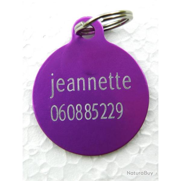 MEDAILLE Grav�e chien violette 32 mm gravure, personnalisation offerte