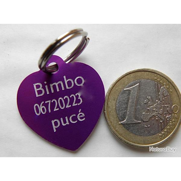 MEDAILLE Grav�e coeur chat chien violet moyen mod�le gravure, personnalisation offerte