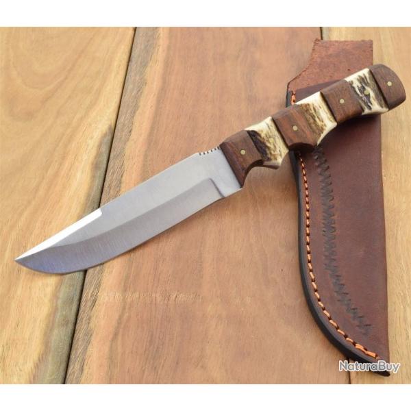 Couteau de Chasse Steel Stag Lame Acier Carbone/Inox Manche Bois & Cerf Etui Cuir SS7019