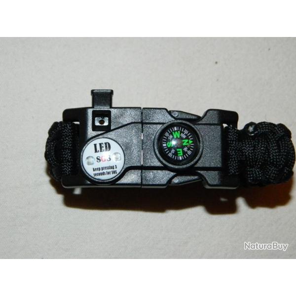 Bracelet de survie ultime noir ! paracorde firesteel lampe boussole outils sifflet...