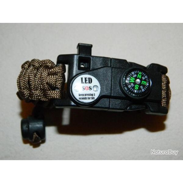 Bracelet de survie ultime kaki ! paracorde firesteel lampe boussole outils sifflet...