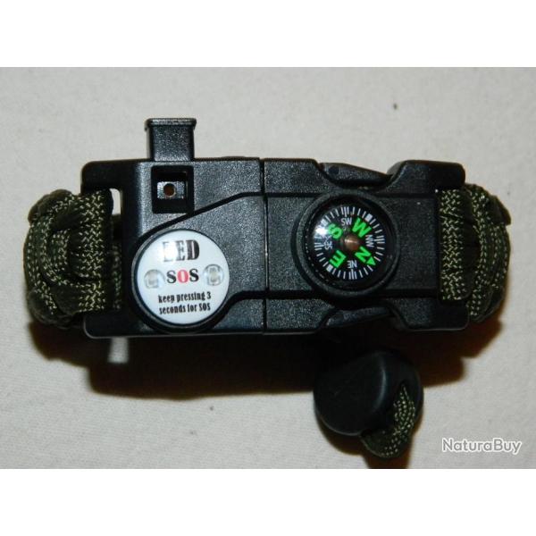 Bracelet de survie ultime vert fonc� ! paracorde firesteel lampe boussole outils sifflet...