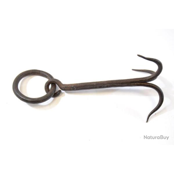 Grappin ancien en fer forg, grapin de puit, outil ancien, crochet anneau mobile